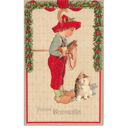 n°23541 - Carte Gaufrée - Noël - Fröhliche Weihnachten - Garçon près d'un chat