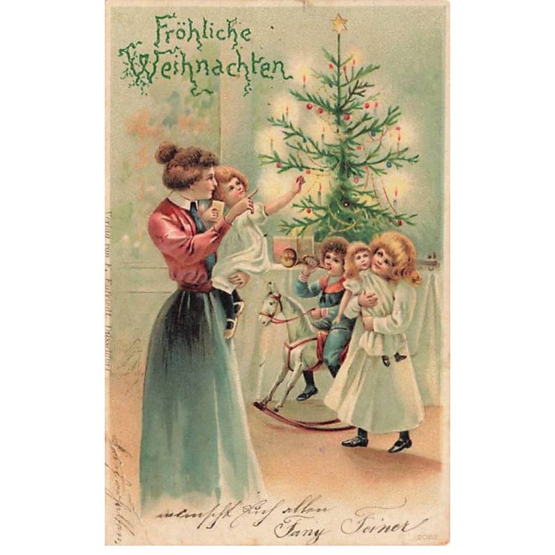 n°23542 - Noël - Fröhliche Weihnachten - Une femme et ses enfants découvrant les jouets près du sapin