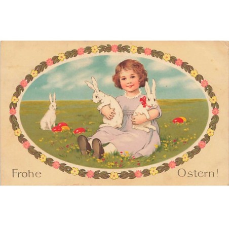 n°23548 - Pâques - Flatscher - Frohe Ostern - Fillette assise dans l'herbe portant des lapins