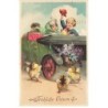 n°23549 - Carte Gaufrée - Pâques - Fröhliche Ostern - Enfants dans une voiture entourée de poussins