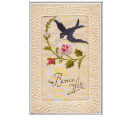 n°2355 - Carte Brodée - Bonne Fête - Horondelle apportant le courrier