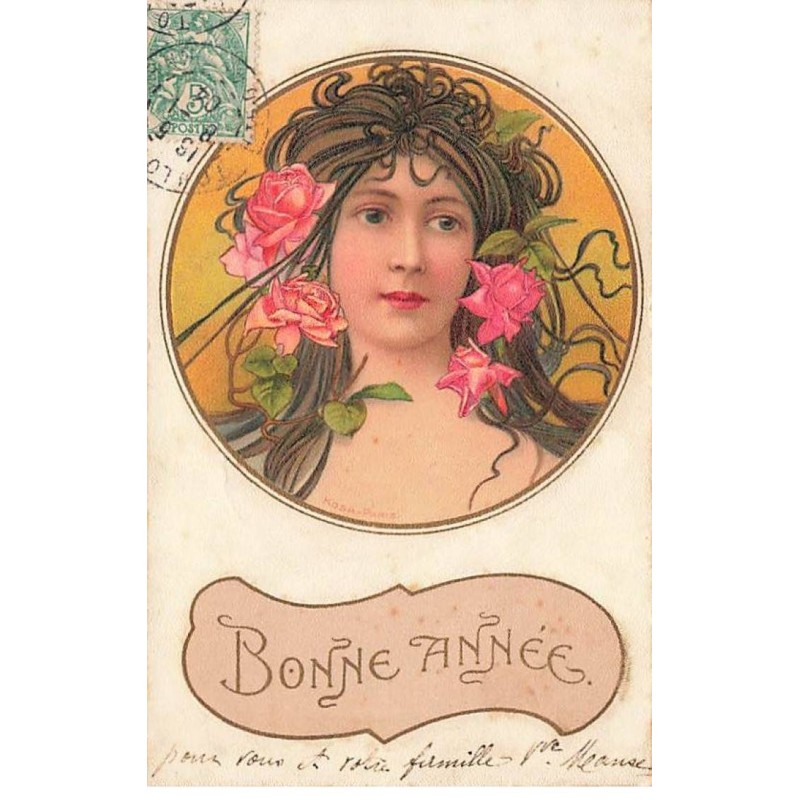 n°23553 - Art Nouveau - Kosa - Portrait d'une femme avec des roses dans les cheveux - Bonne Année