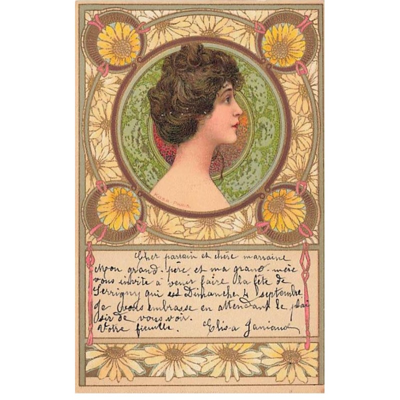 n°23554 - Art Nouveau - Kosa - Portrait d'une femme de profil, au milieu de marguerites