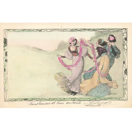 n°23555 - Art Nouveau - MM Vienne n°75 - Jeunes femmes jouant avec une guirlande de fleurs