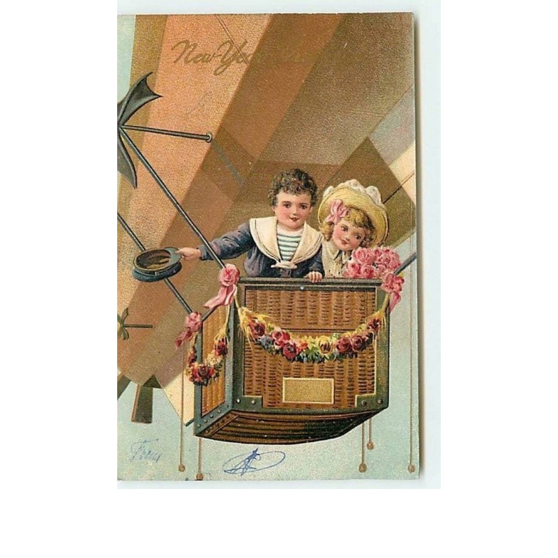 n°11649 - Carte Fantaisie Gaufrée - New Year Greetings - Enfants dans une nacelle de dirigeable