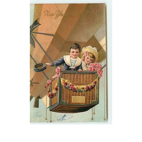 n°11649 - Carte Fantaisie Gaufrée - New Year Greetings - Enfants dans une nacelle de dirigeable