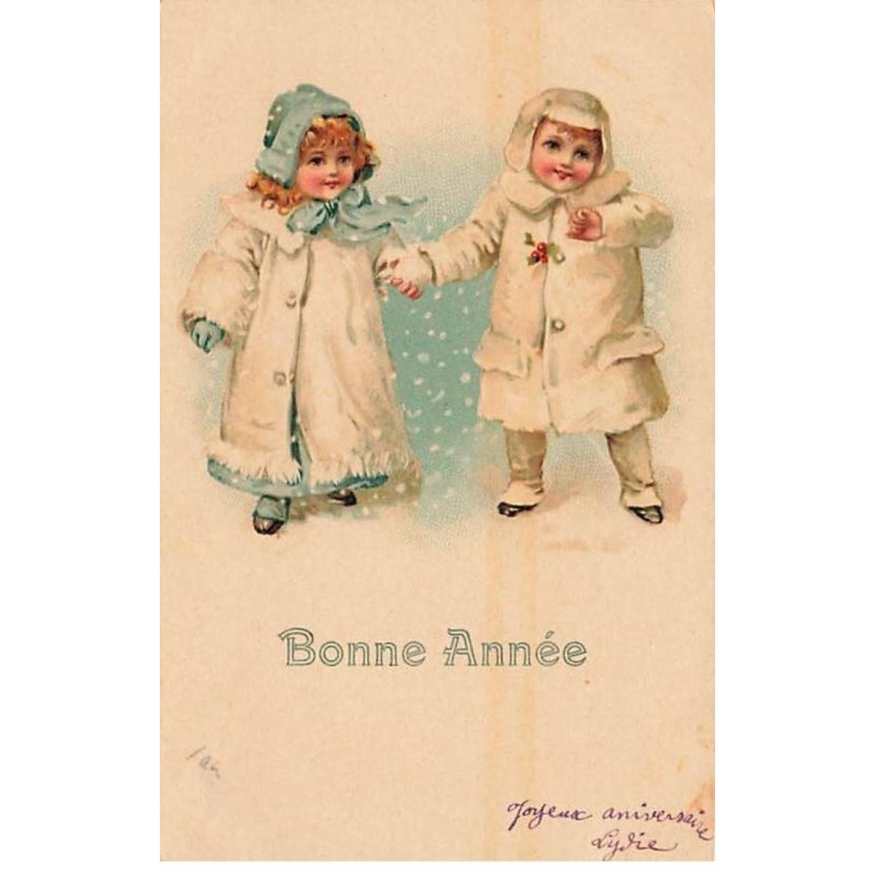 n°23557 - Style Brundage - Bonne Année - Couple d'enfant marchant sous la neige