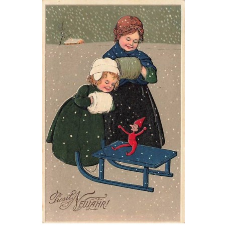 n°23562 - Carte Gaufrée - Flatscher - Prosit Neujahr - Jeunes filles regardant un jouet (lutin) sur une luge