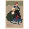 n°23562 - Carte Gaufrée - Flatscher - Prosit Neujahr - Jeunes filles regardant un jouet (lutin) sur une luge