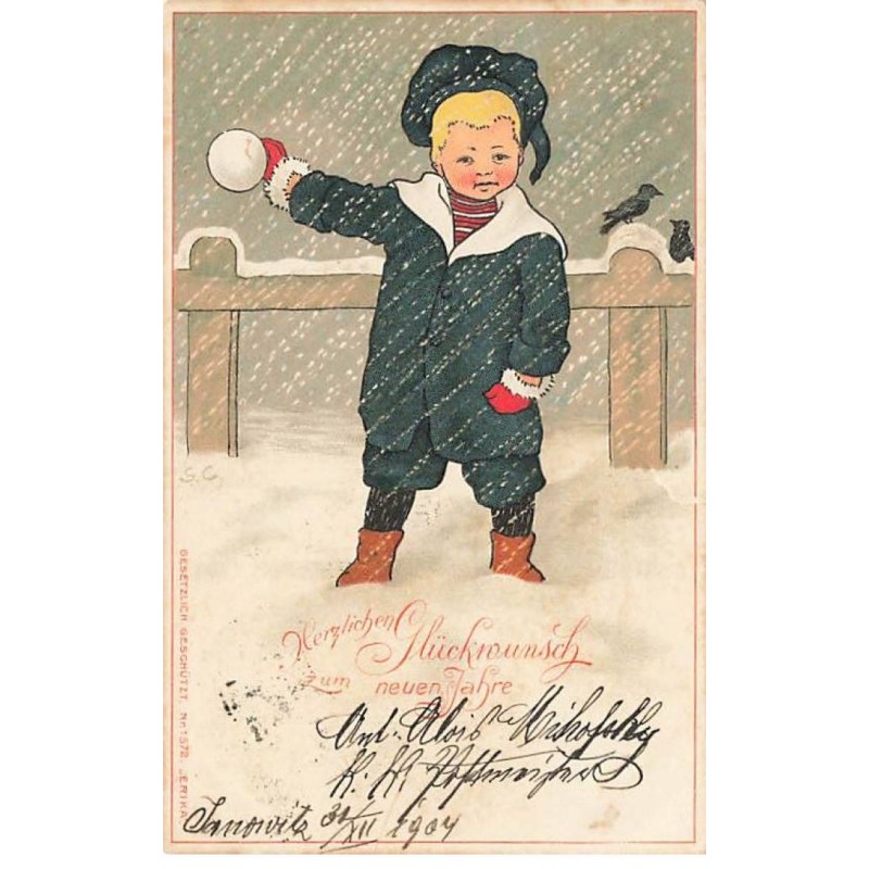 n°23563 - Nouvel An - Caspari - Garçon sous la neige, avec une boule de neige