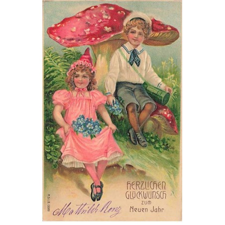 n°23564 - Carte Gaufrée - MSIB 13669 - Nouvel An - Jeunes gens assis près d'un champignon
