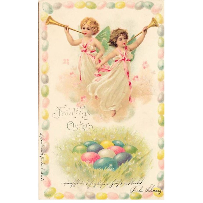 n°23565 - Pâques - Fröhliche Ostern - Deux anges soufflant dans des trompettes, près d'oeufs