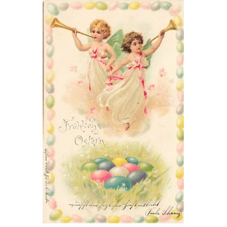 n°23565 - Pâques - Fröhliche Ostern - Deux anges soufflant dans des trompettes, près d'oeufs