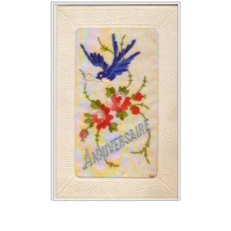 n°2357 - Carte Brodée - Anniversaire - Hirondelle apportant le courrier
