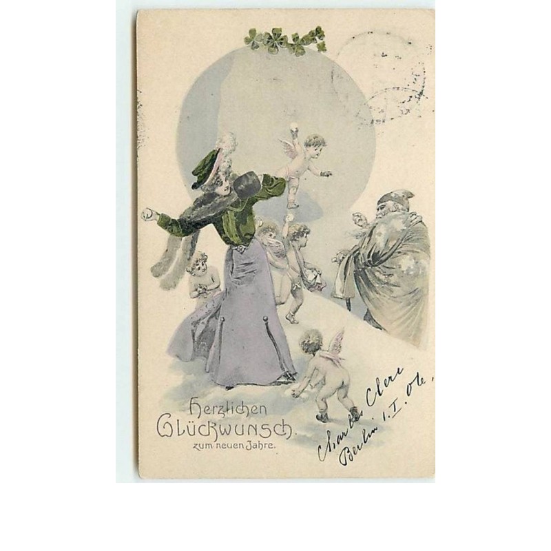 n°11650 - Carte Fantaisie - Angelots et femme lançant des boules de neige sur le Père Noël