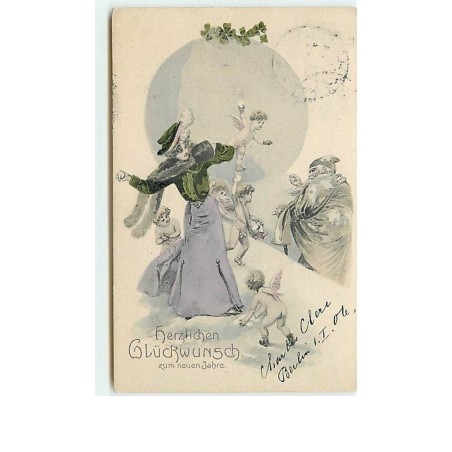 n°11650 - Carte Fantaisie - Angelots et femme lançant des boules de neige sur le Père Noël