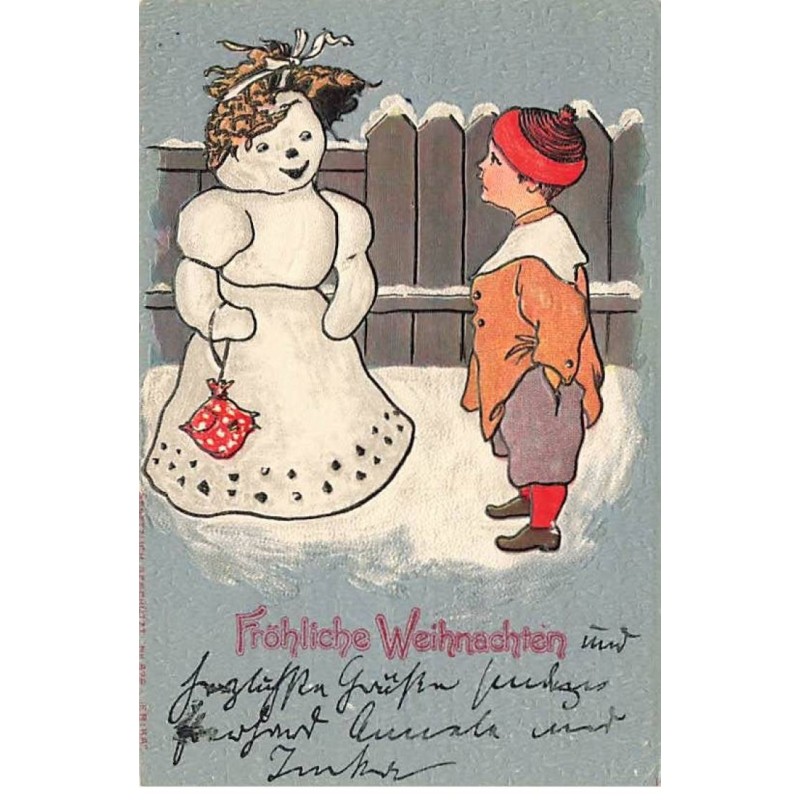 n°23571 - Carte Gaufrée - Style Caspari- Fröhliche Weihnachten - Garçon parlant avec un bonhomme de neige  humanisé