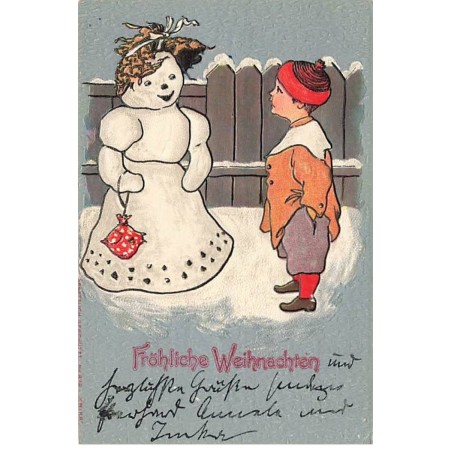 n°23571 - Carte Gaufrée - Style Caspari- Fröhliche Weihnachten - Garçon parlant avec un bonhomme de neige  humanisé