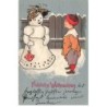 n°23571 - Carte Gaufrée - Style Caspari- Fröhliche Weihnachten - Garçon parlant avec un bonhomme de neige  humanisé