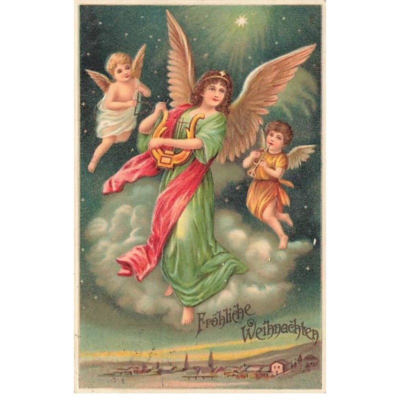 n°23572 - Carte Gaufrée - Fröhliche Weihnachten - Ange gardien et anges jouant de la musique dans la nuit