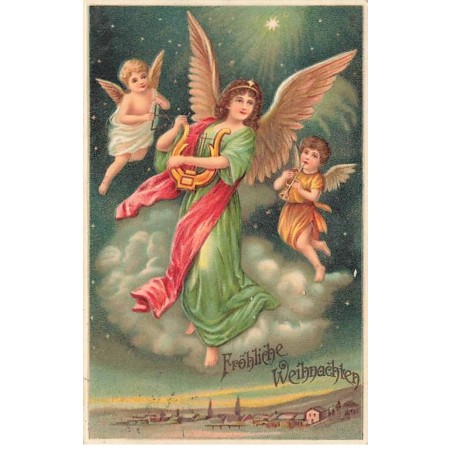 n°23572 - Carte Gaufrée - Fröhliche Weihnachten - Ange gardien et anges jouant de la musique dans la nuit
