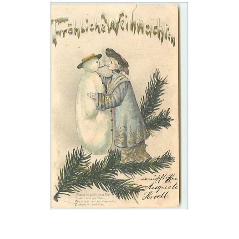 n°10093 - Carte Fantaisie Gaufrée - Fröhliche Weihnachten - Bonhomme de Neige et Femme