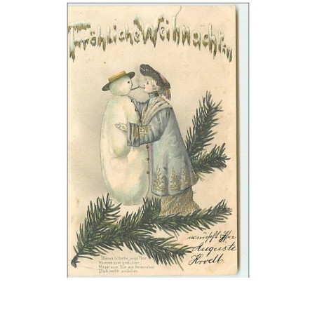 n°10093 - Carte Fantaisie Gaufrée - Fröhliche Weihnachten - Bonhomme de Neige et Femme