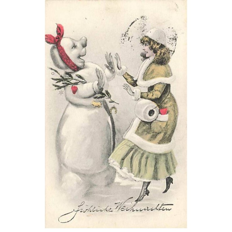 n°23577 - Fröhliche Weihnachten - Jeune femme près d'un bonhomme de neige humanisé