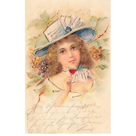 n°23586 - Fantaisie en relief - Geschmack - Jeune femme buvant un petit verre de vin