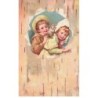 n°23590 - Carte Gaufrée - Fantaisie - Deux enfants, et un chaton sortant d'un papier peint crevé