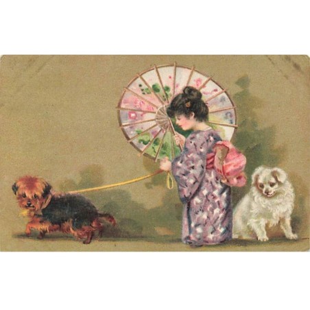n°23595 - Fillette en kimono et ombrelle se promenant avec deux chiens