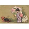 n°23595 - Fillette en kimono et ombrelle se promenant avec deux chiens