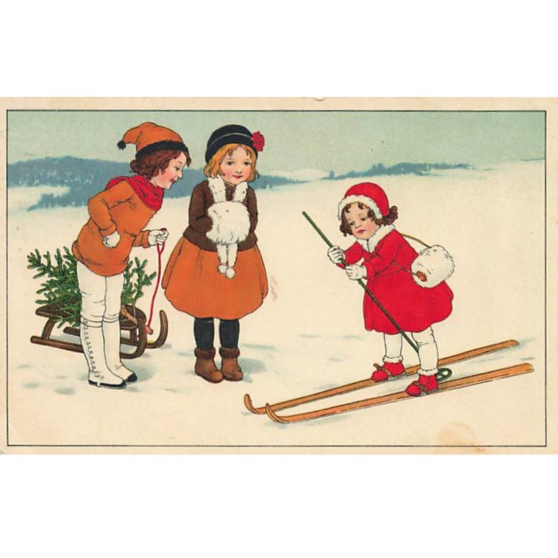 n°23596 - Fantaisie style Ebner, Hardy - Enfants, l'un sur des skis, un autre tirant une luge