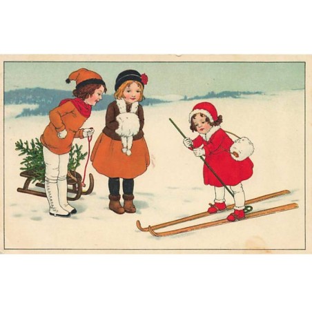 n°23596 - Fantaisie style Ebner, Hardy - Enfants, l'un sur des skis, un autre tirant une luge