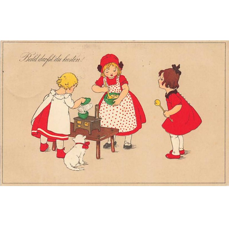 n°23597 - Fantaisie style Ebner - Fillettes faisant de la cuisine - chat