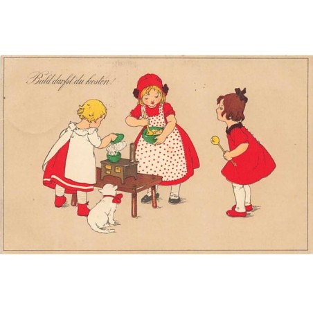 n°23597 - Fantaisie style Ebner - Fillettes faisant de la cuisine - chat