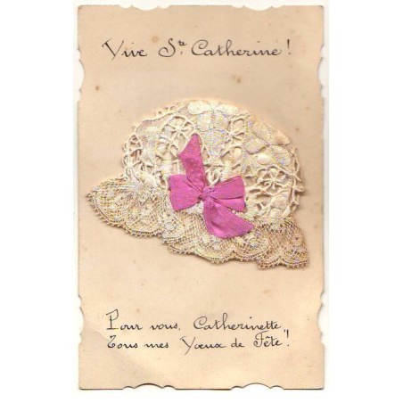 n°23603 - Vive Sainte-Catherine - Bonnet en dentelle et  ruban rose