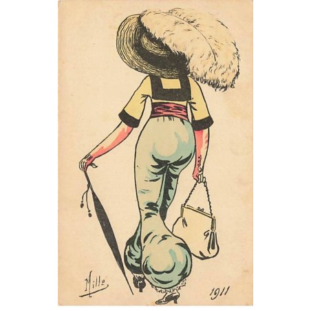 n°23606 - Illustrateur - Mille - Jeune femme de dos portant un pantalon et un grand chapeau avec une plume - Mode