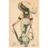 n°23606 - Illustrateur - Mille - Jeune femme de dos portant un pantalon et un grand chapeau avec une plume - Mode