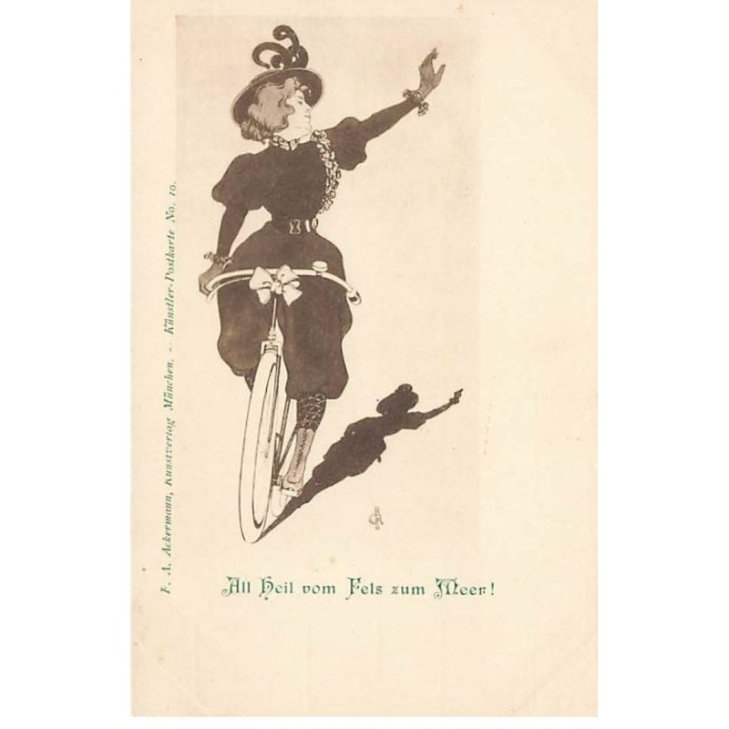 n°23616 - Fantaisie - Al heil vom Fels zum Meer ! - Femme saluant en vélo - Künstler Postkarte n°10