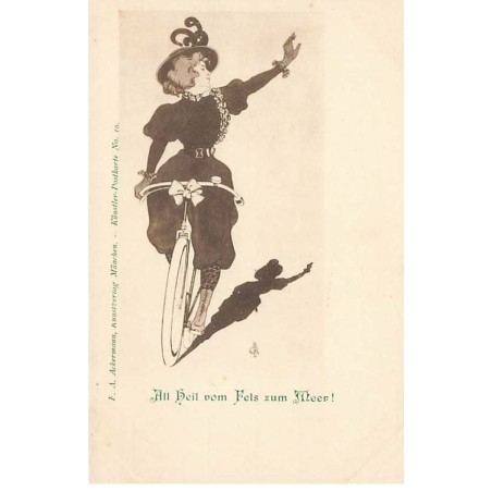 n°23616 - Fantaisie - Al heil vom Fels zum Meer ! - Femme saluant en vélo - Künstler Postkarte n°10
