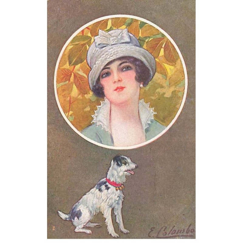 n°23619 - Illustrateur - E. Colombo - Portrait d'une jeune femme dans un médaillon, au-dessus d'un chien