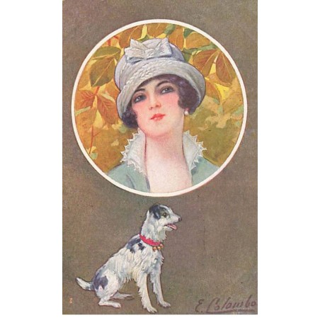 n°23619 - Illustrateur - E. Colombo - Portrait d'une jeune femme dans un médaillon, au-dessus d'un chien
