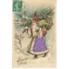 n°23626 - Carte Gaufrée - Joyeux Noël - Père Noël s'approchant d'une église, avec un sac rempli de jouet