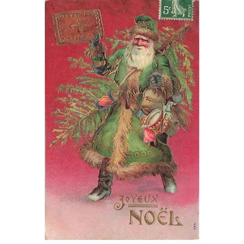 n°23627 - Carte Gaufrée - Joyeux Noël - Père Noël apportant des jouets, et un sapin