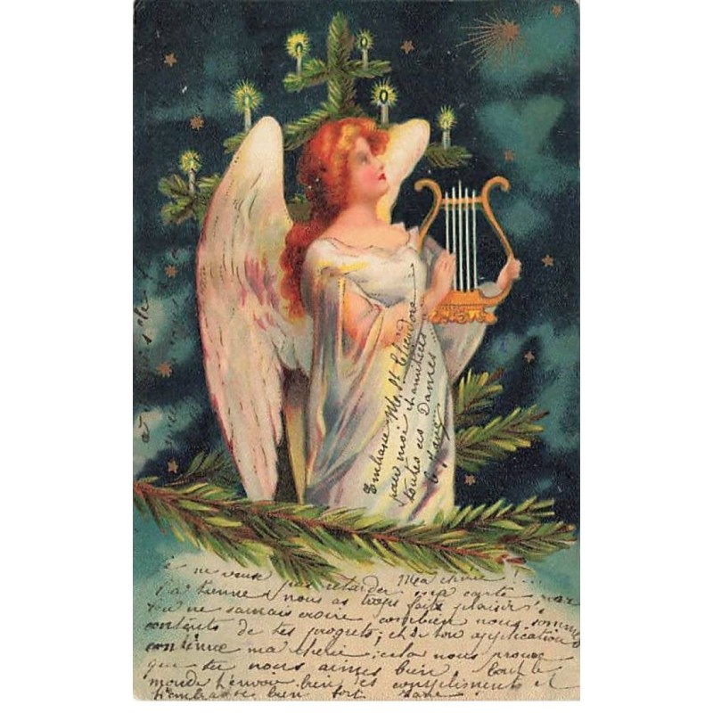 n°23629 - Noël - Clapsaddle - Ange jouant de la lyre en regardant le ciel étoilé