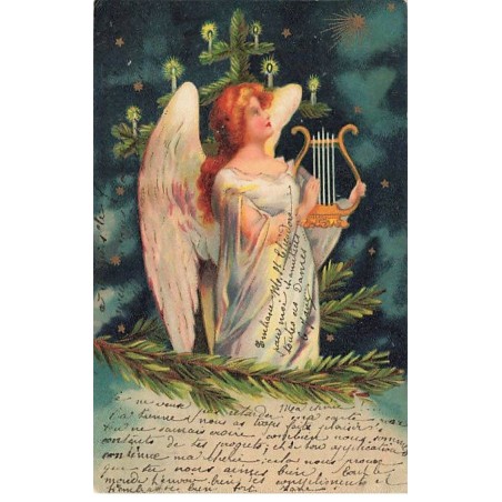 n°23629 - Noël - Clapsaddle - Ange jouant de la lyre en regardant le ciel étoilé