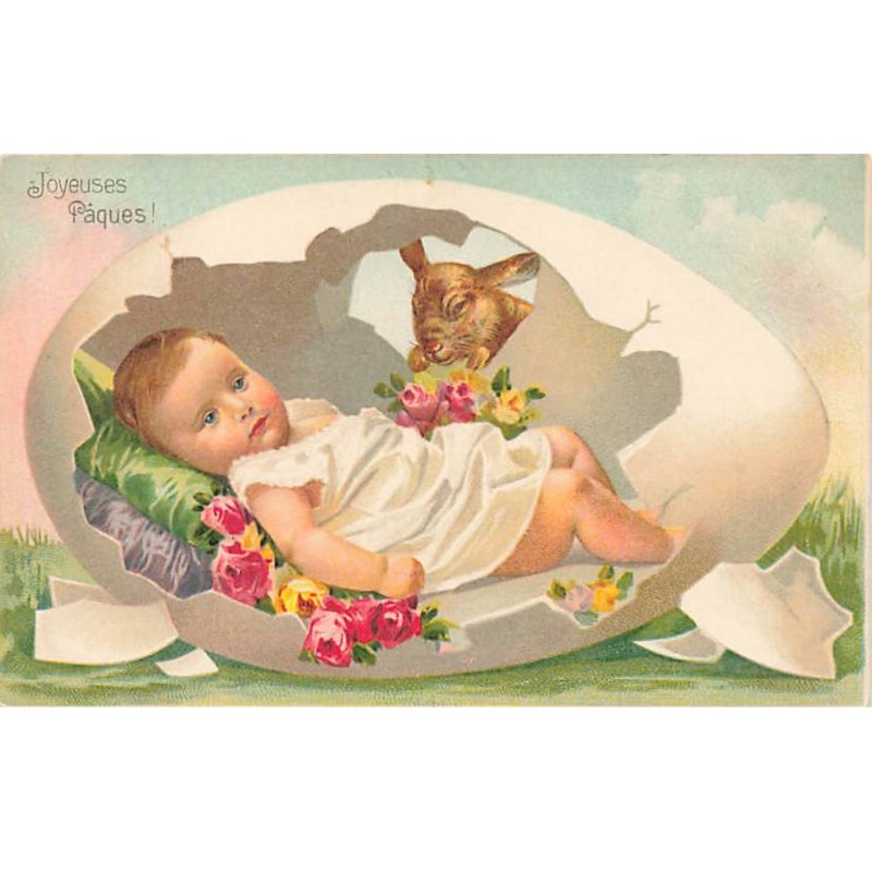 n°23632 - Joyeuses Pâques - Lapin regardant un bébé dormant dans un oeuf