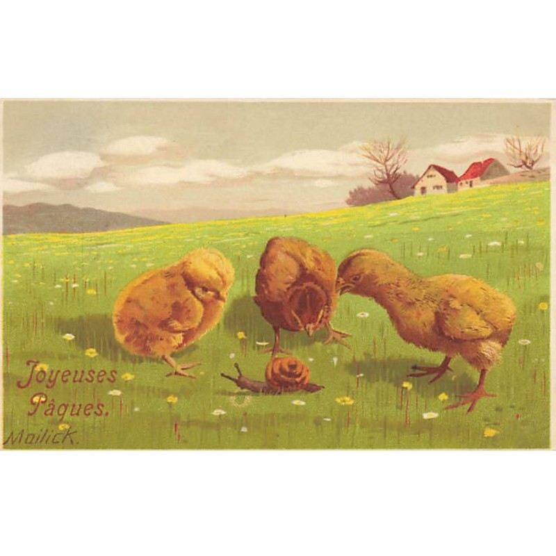 n°23633 - Mailick - Joyeuses Pâques - Poussins regardant un escargot