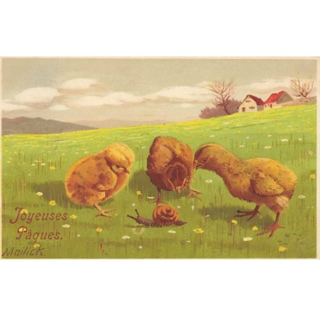 n°23633 - Mailick - Joyeuses Pâques - Poussins regardant un escargot